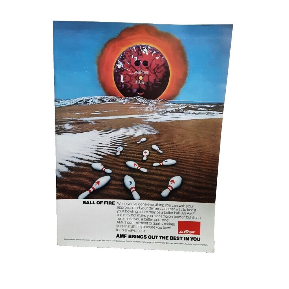 1974 AMF Strikeline Bowling Ball Fire Original Print Ad 70s